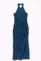 Blue halter neck gown with ruched design on a white background