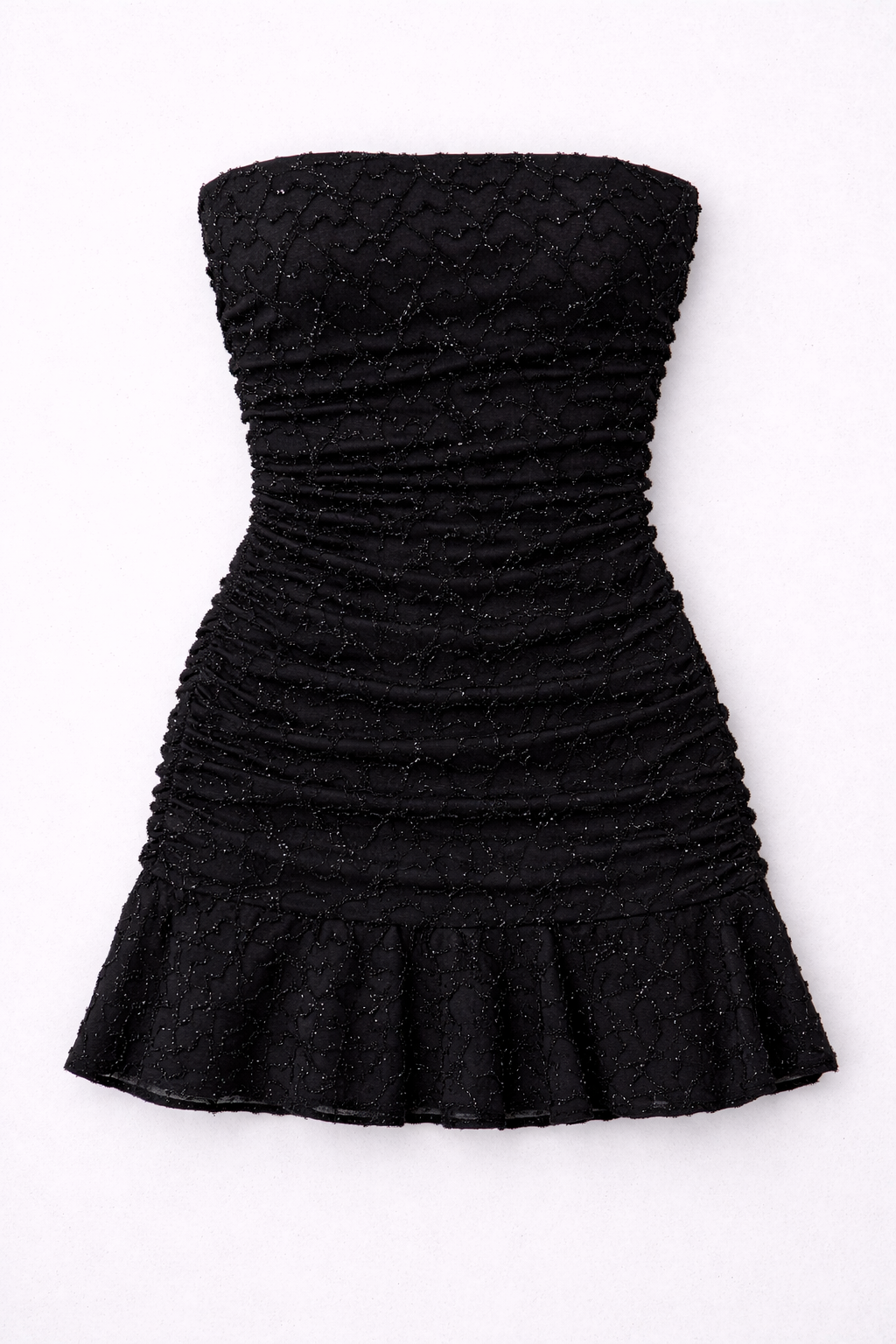 Black strapless dress with ruched bodice and flared skirt on a white background