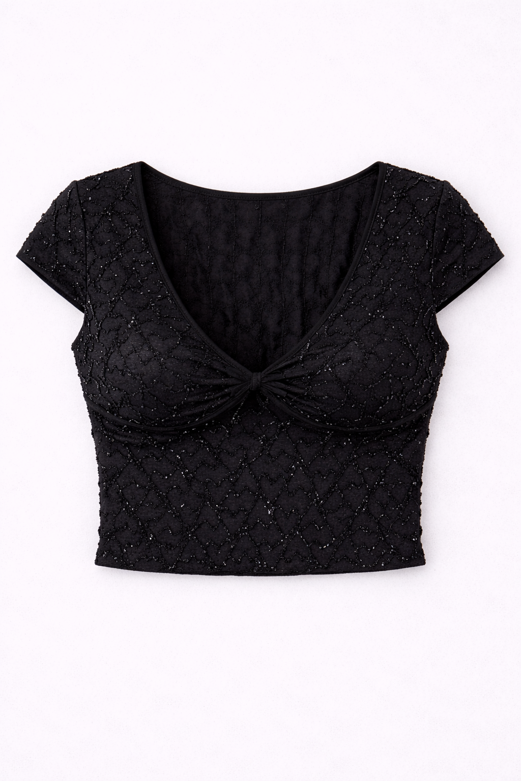 Black textured crop top on a white background
