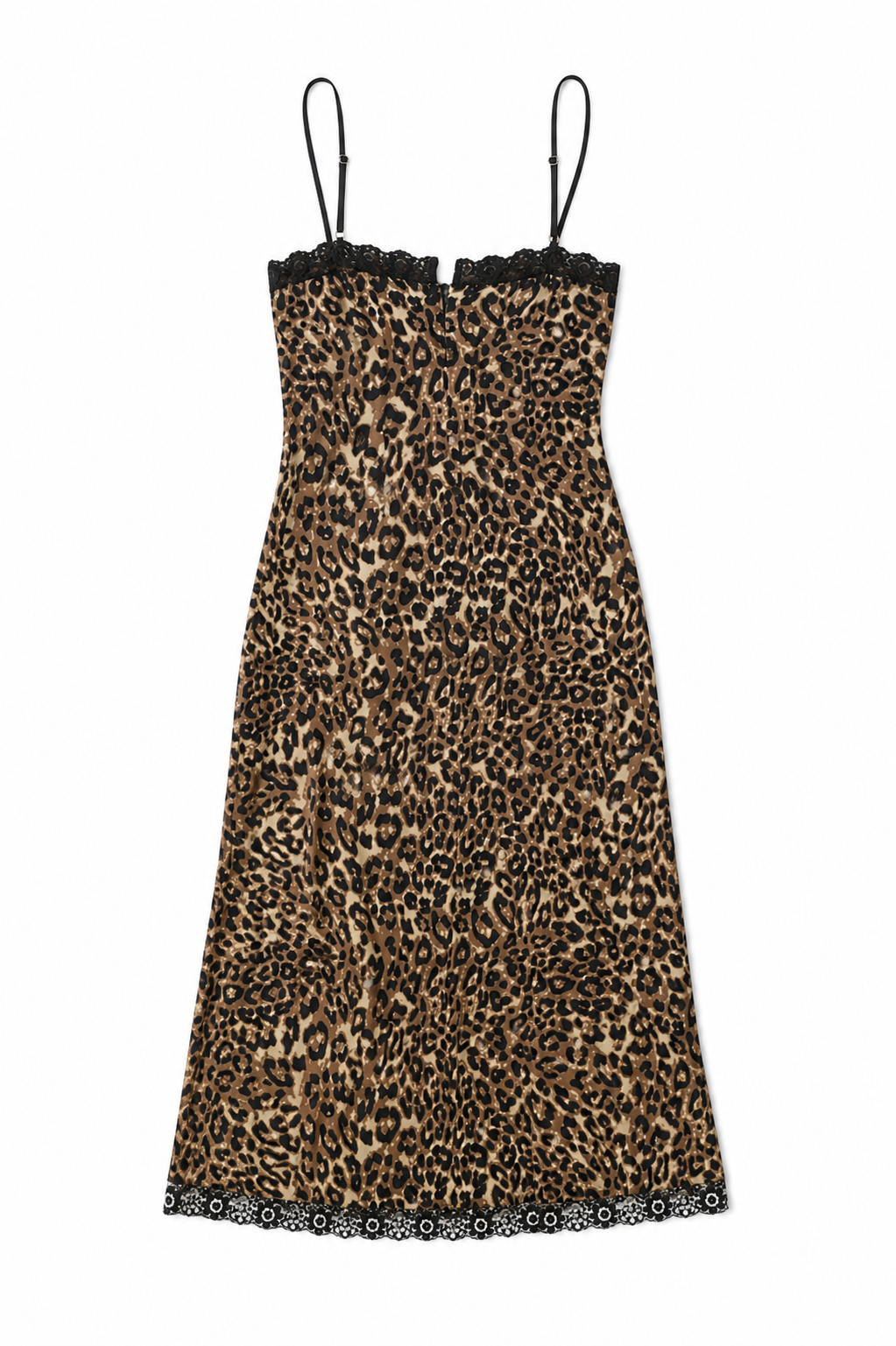 Leopard print dress with lace trim on a white background