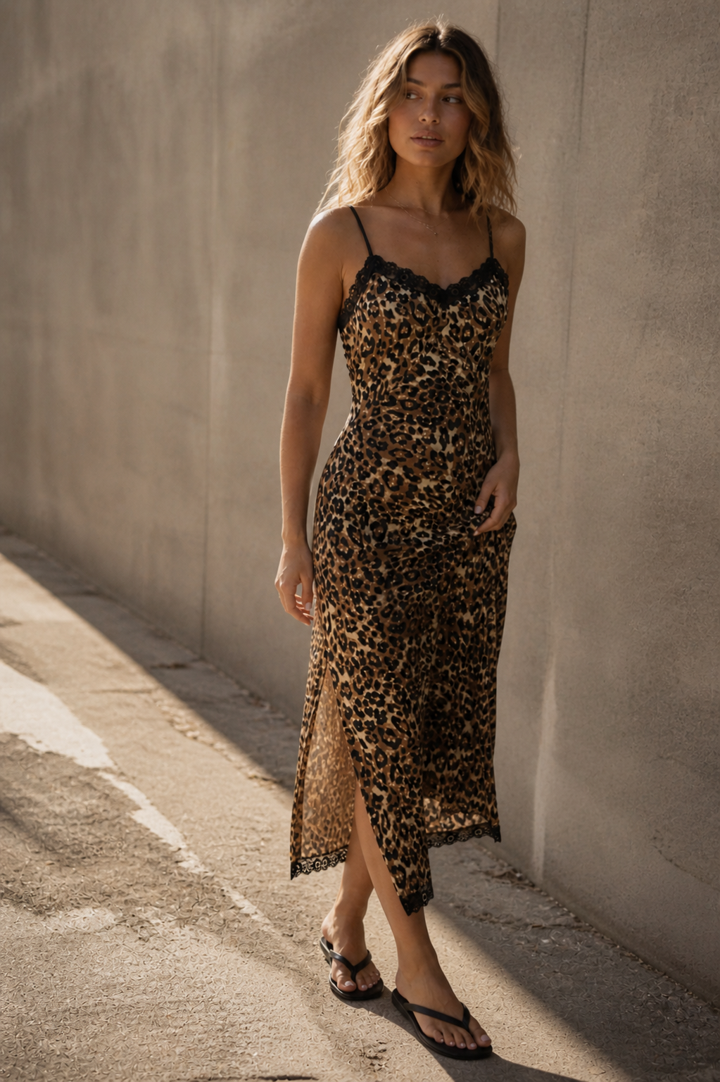 Woman wearing a leopard print dress standing against a concrete wall.