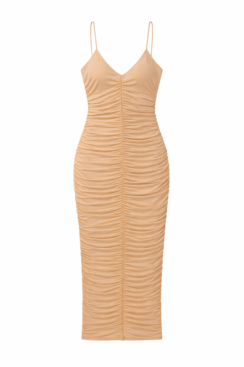 Beige dress with ruched design on a white background
