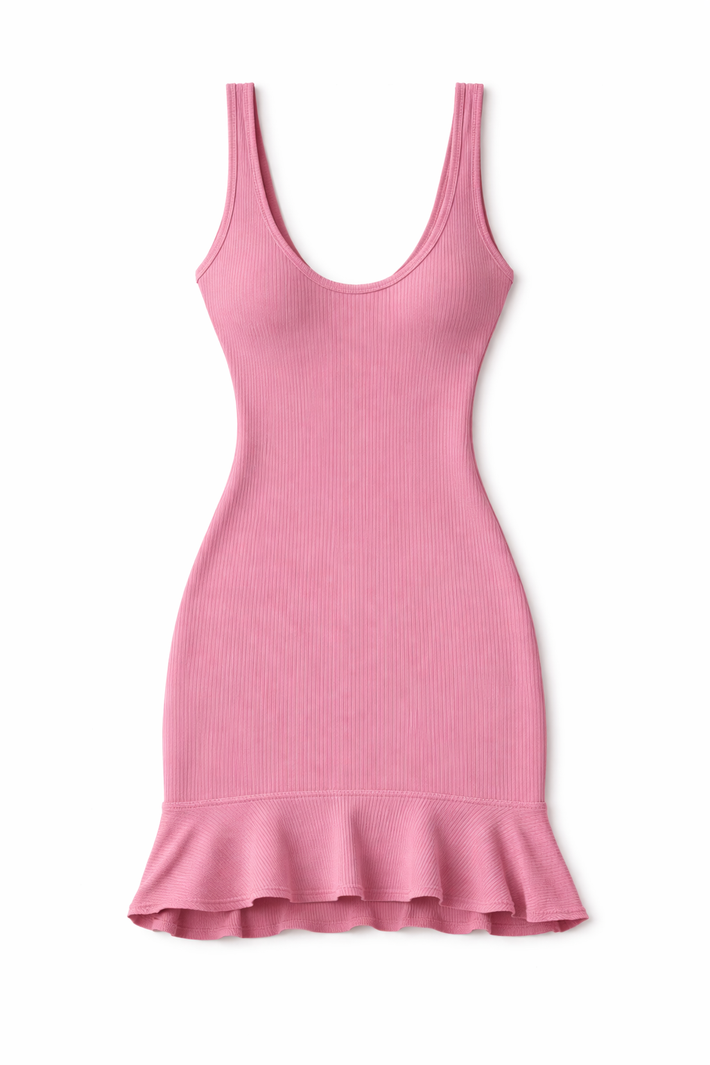 Pink dress with a ruffled hem on a white background