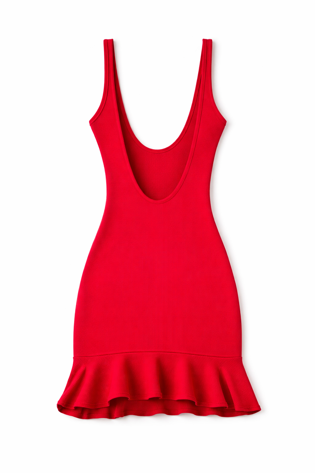 Red dress with a ruffled hem on a white background
