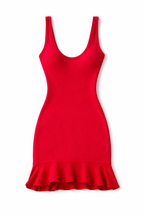 Red dress with a ruffled hem on a white background