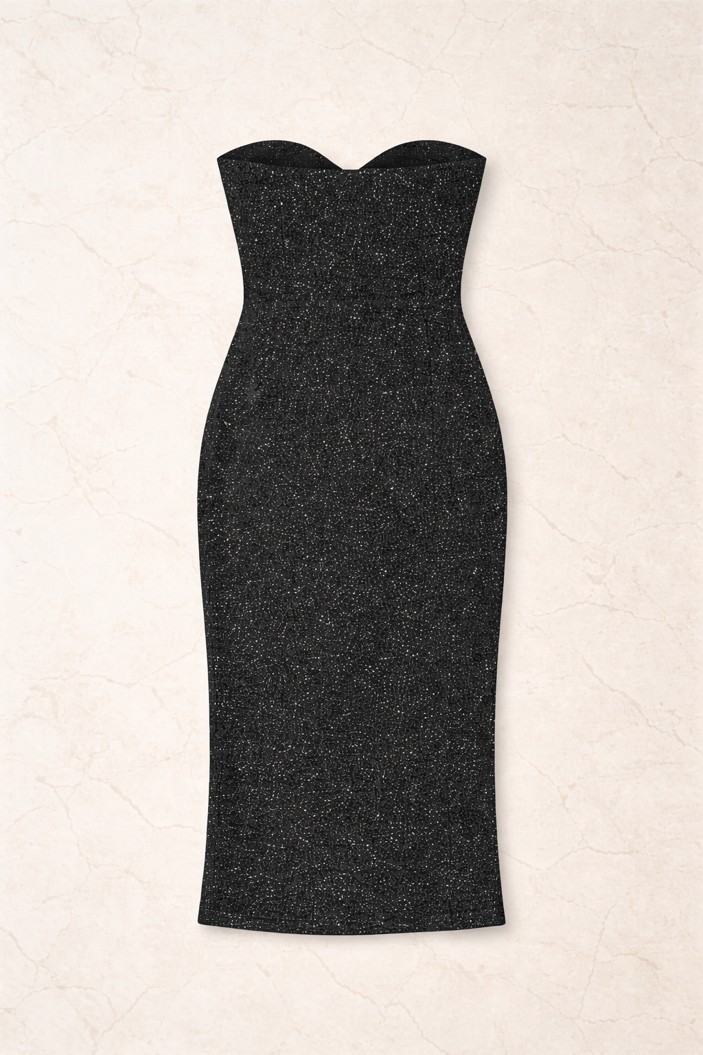 Black strapless dress on a beige background