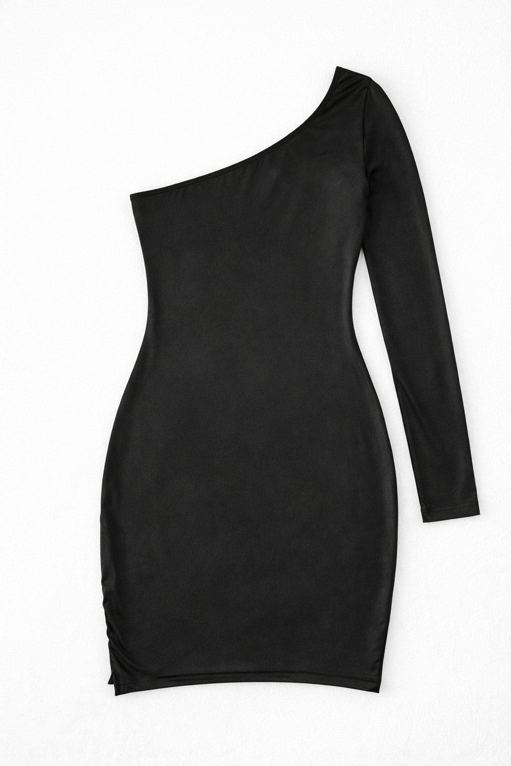 Black one-shoulder dress on a white background