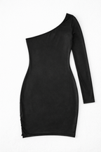 Black one-shoulder dress on a white background