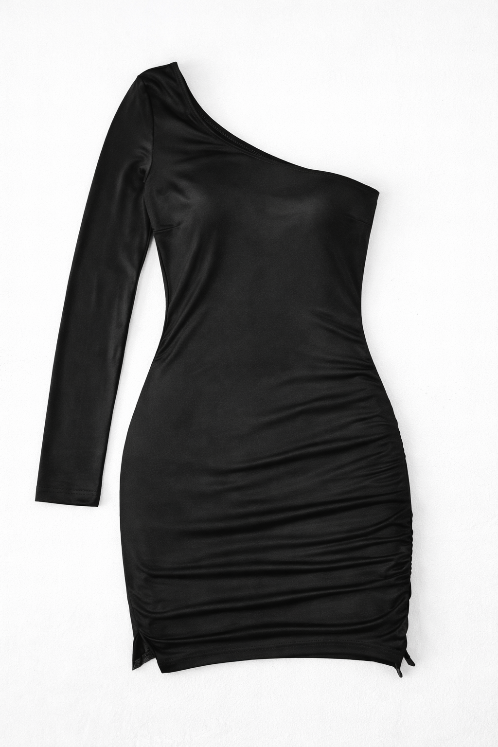 Black one-shoulder dress on a white background