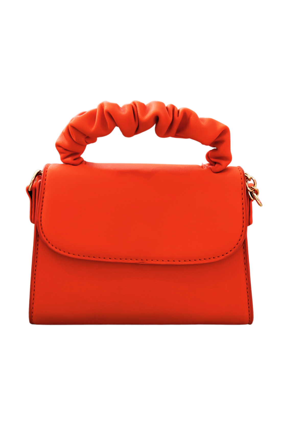 Orange handbag with a scrunchie handle on a white background