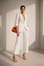 Woman in a white suit with a red handbag standing against a neutral wall.