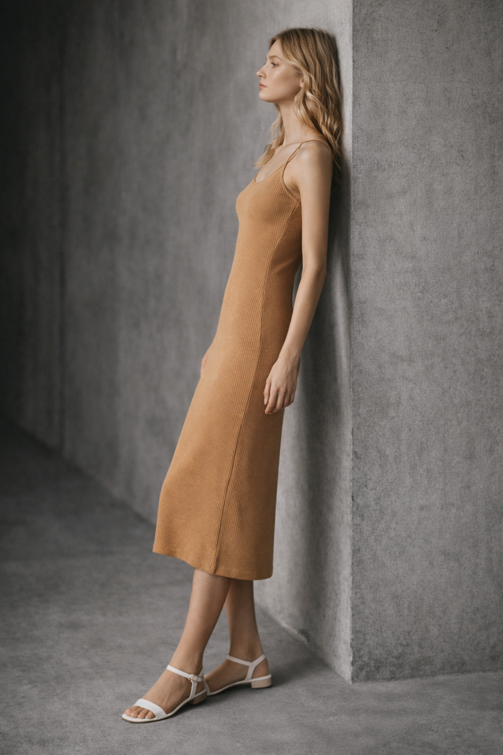 Woman in a mustard yellow slip dress standing against a gray wall.