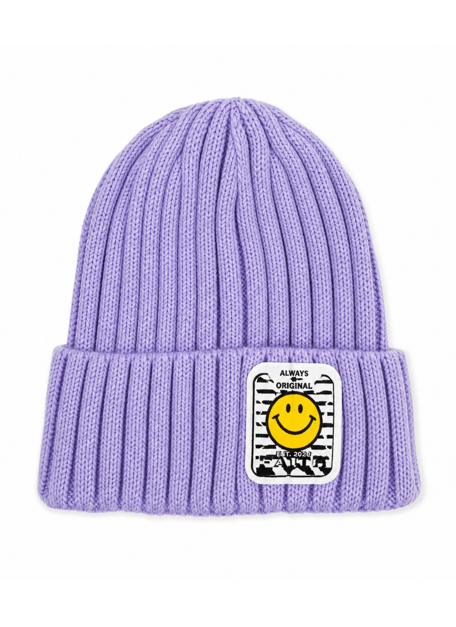 Purple beanie with a smiley face patch on a white background