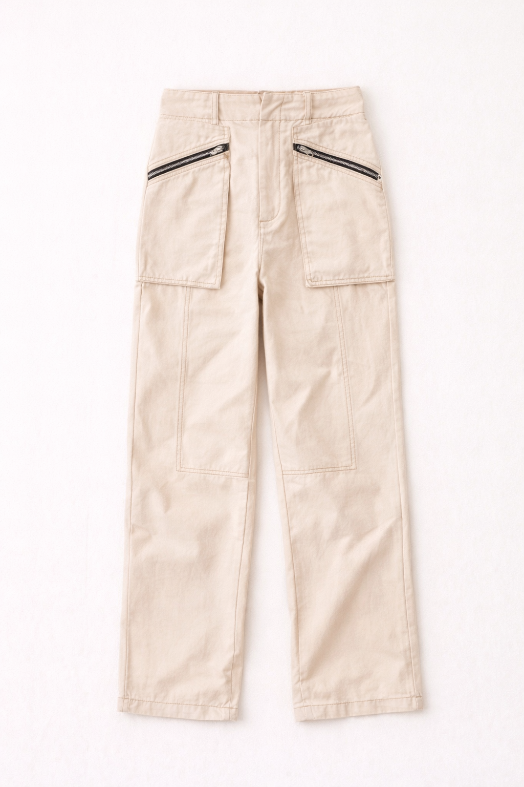 Beige pants with zippers on a white background