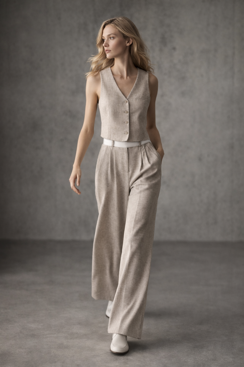 Woman wearing a beige sleeveless top and wide-leg pants against a gray background