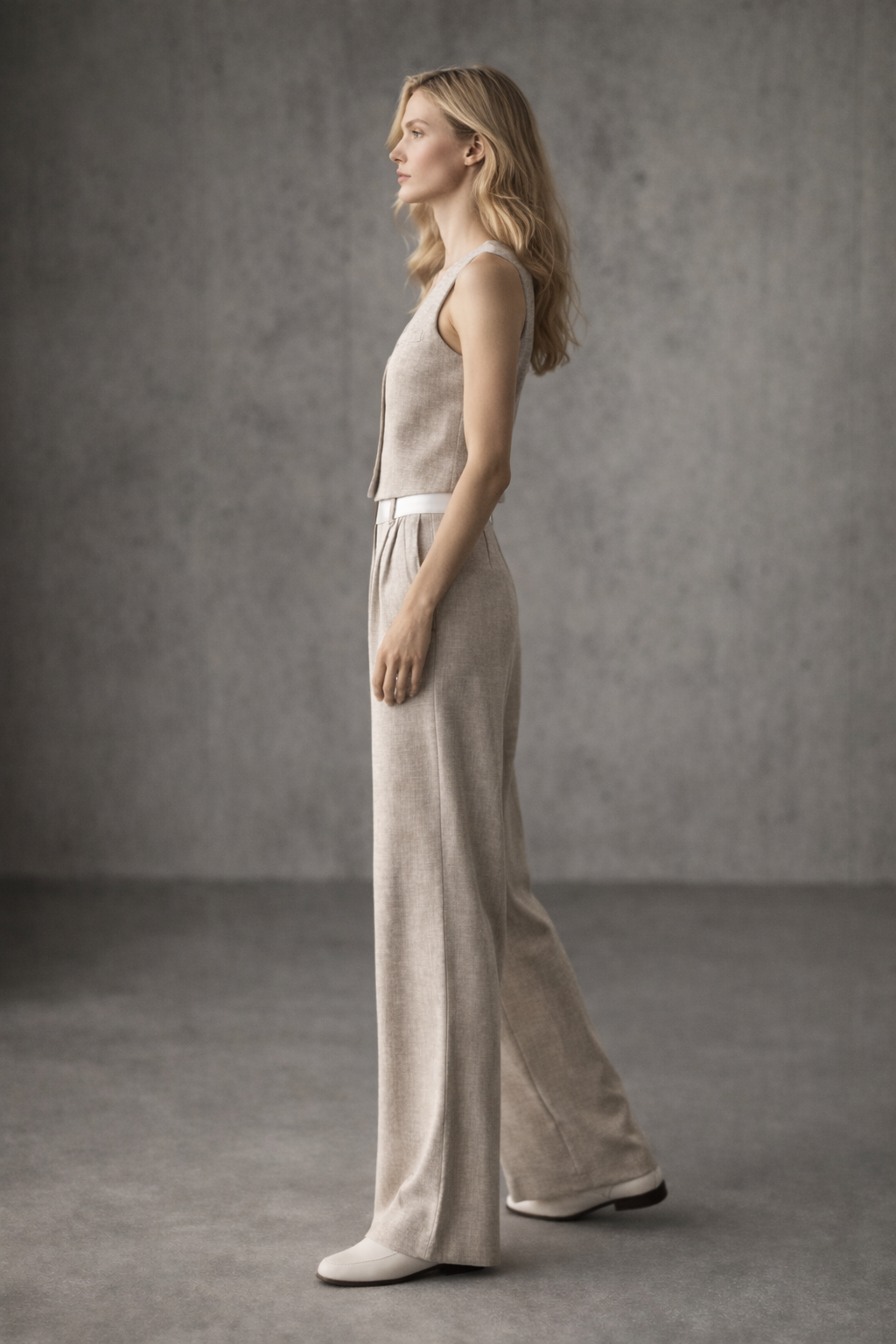 Woman wearing a beige sleeveless top and wide-leg pants against a gray background