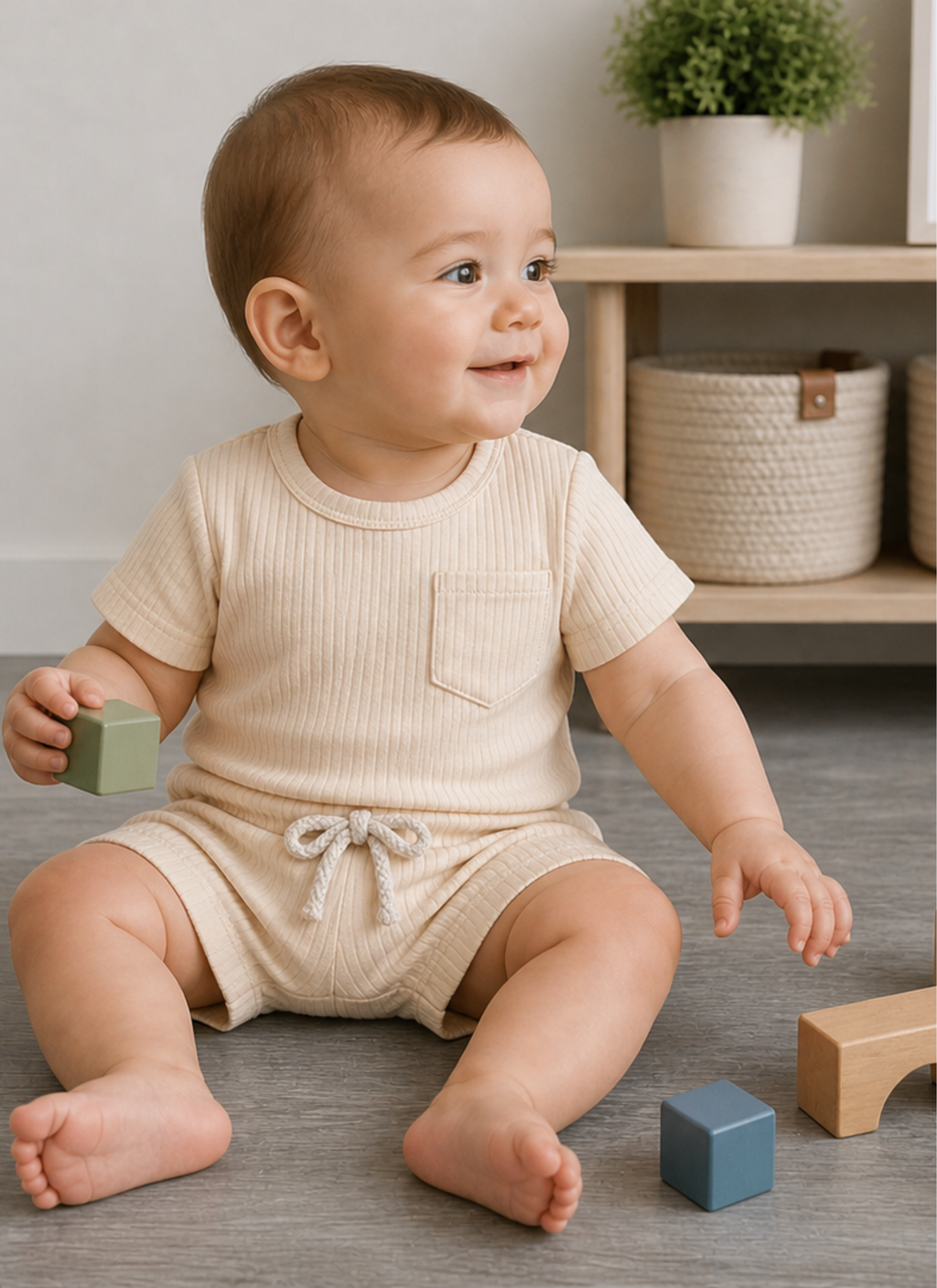 Baby sitting on a wooden floor with toys, wearing a beige outfit.