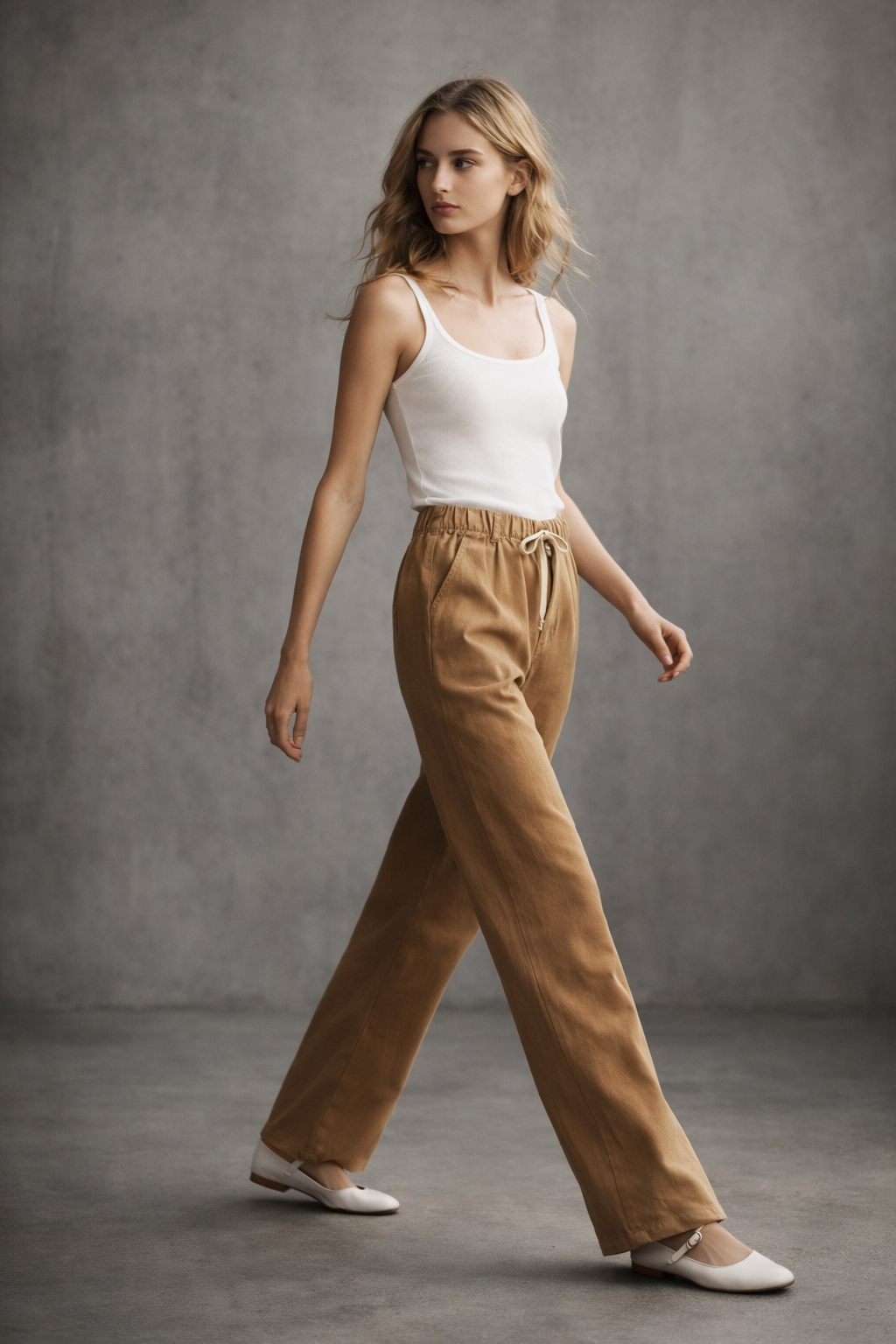 Camel Drawstring Straight-Leg Pants