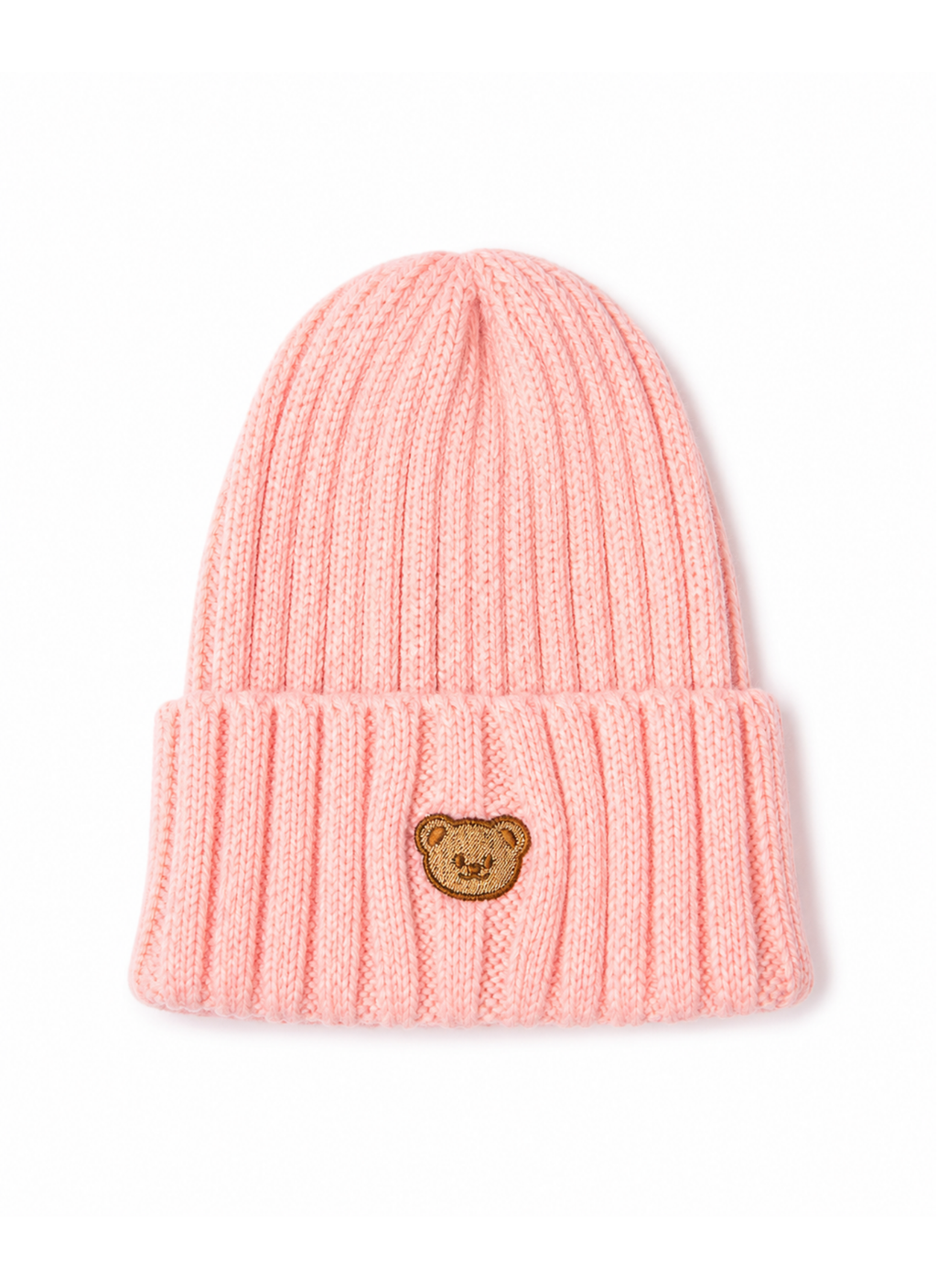 Pink knit beanie with a teddy bear emblem on a white background