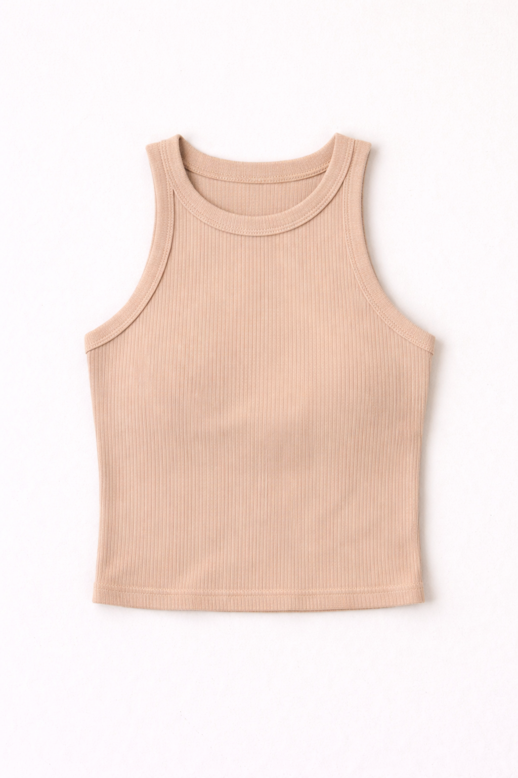 Beige ribbed tank top on a white background