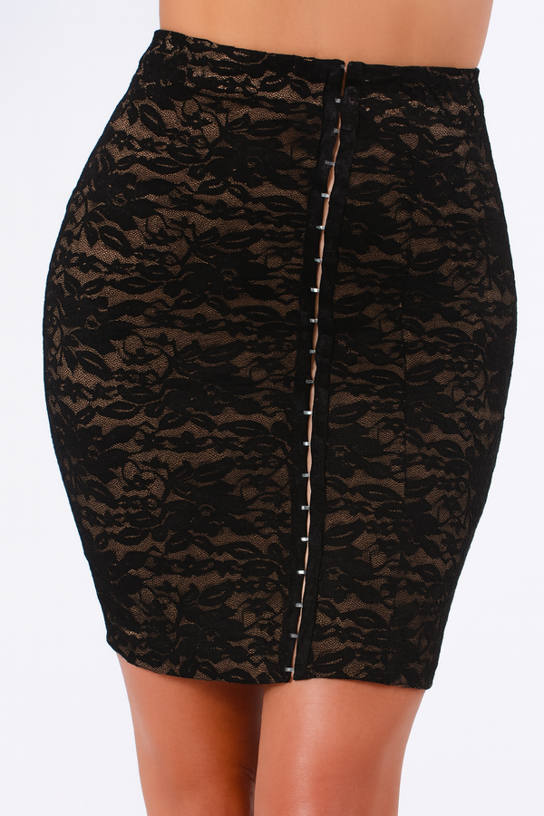 Black lace pencil skirt on a white background
