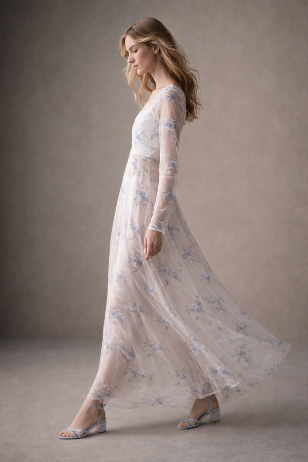 Elora Sheer Blue Floral Maxi Dress