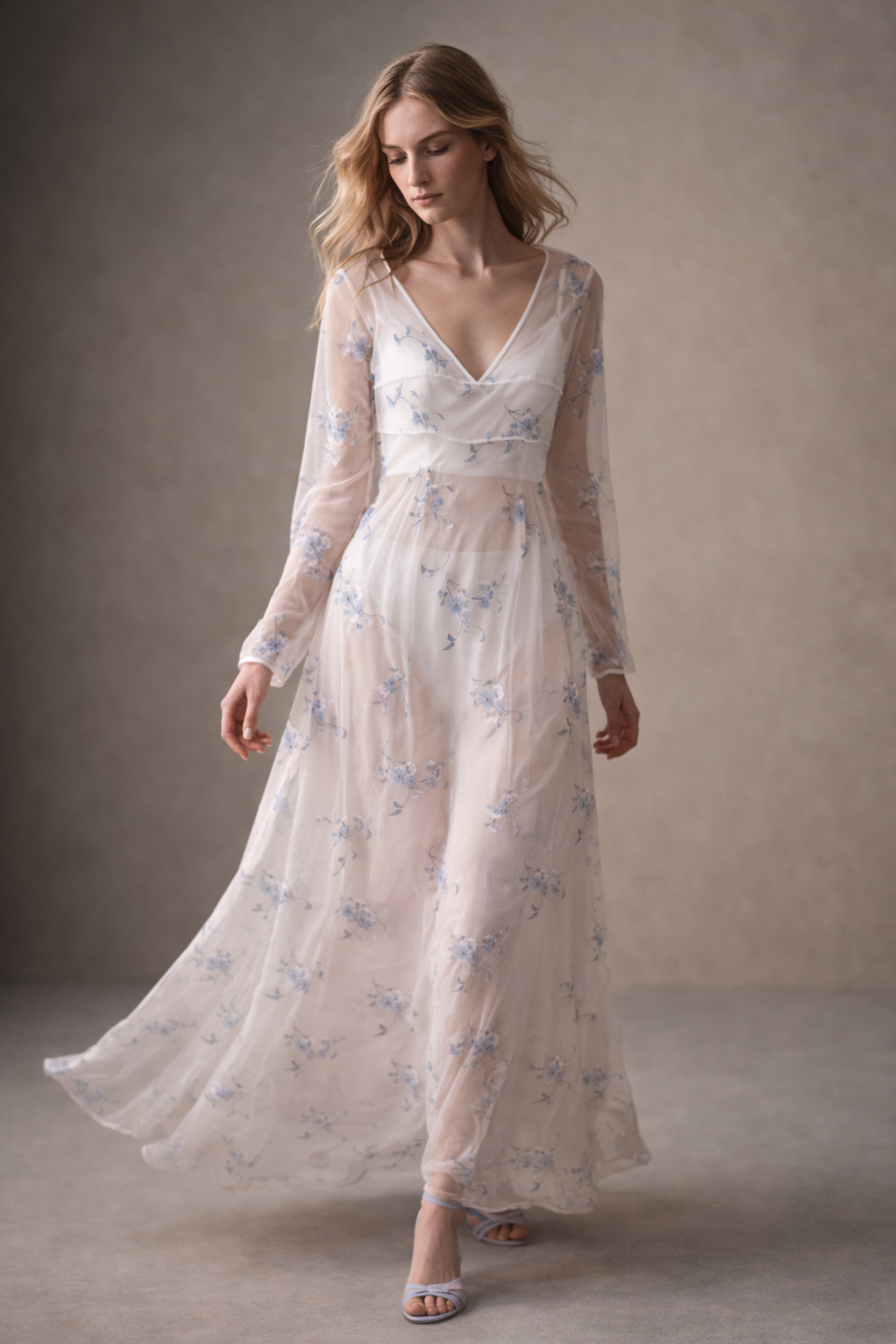 Elora Sheer Blue Floral Maxi Dress