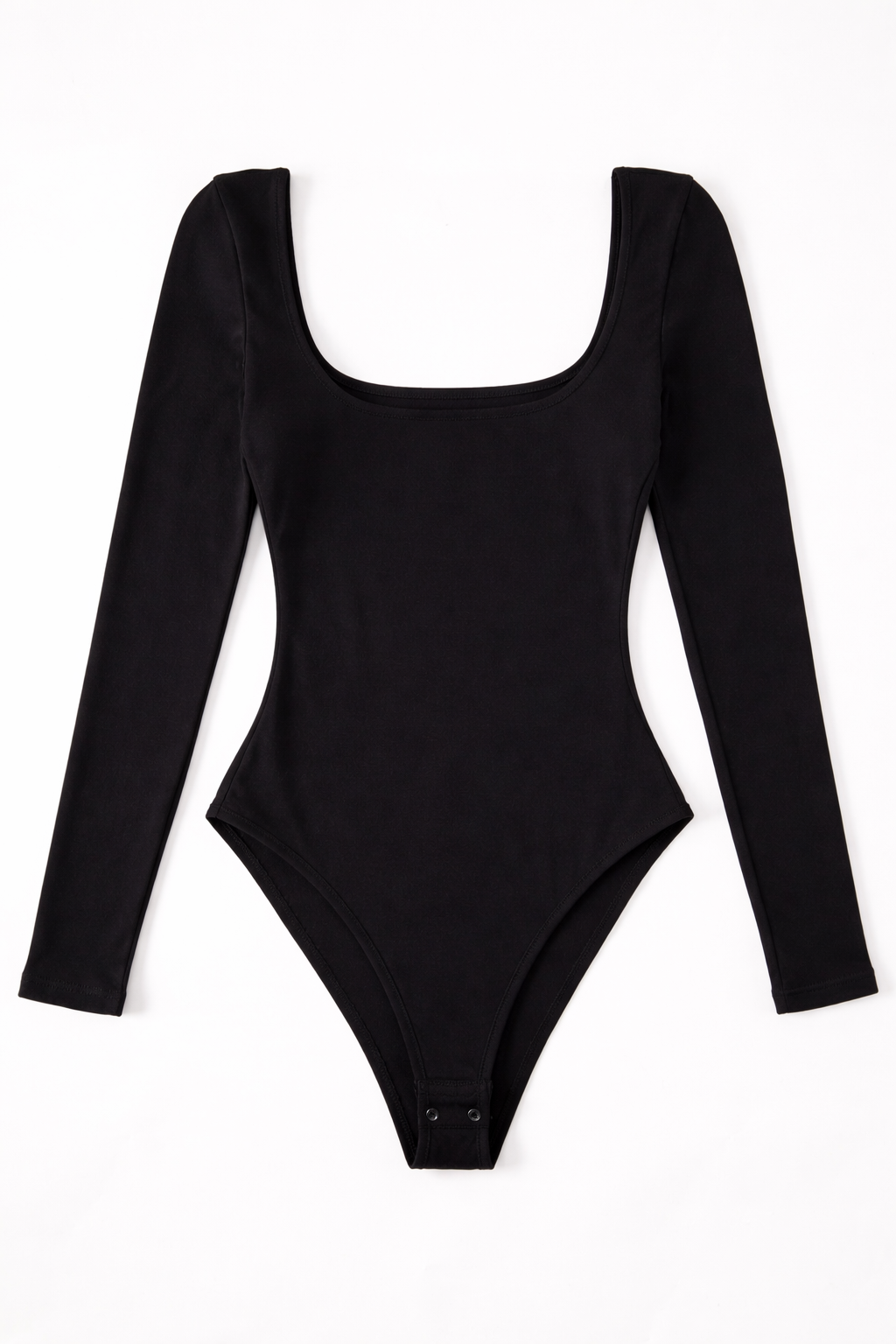 Black long-sleeve bodysuit on a white background
