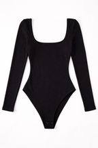 Black long-sleeve bodysuit on a white background