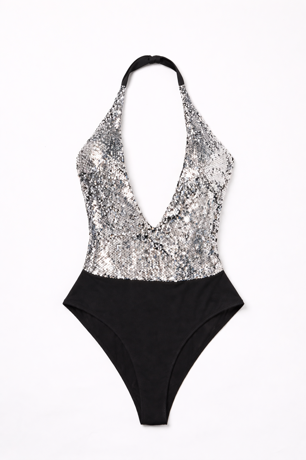 Sequined swimsuit with black bottom on a white background