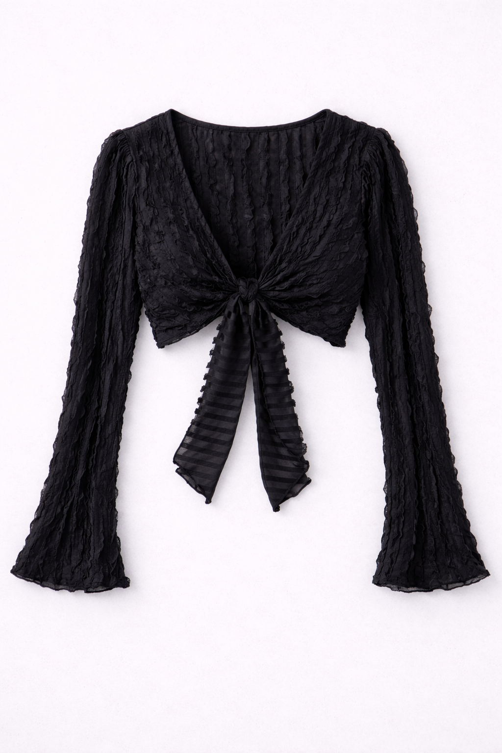 Black textured long-sleeve top with a knot detail on a white background